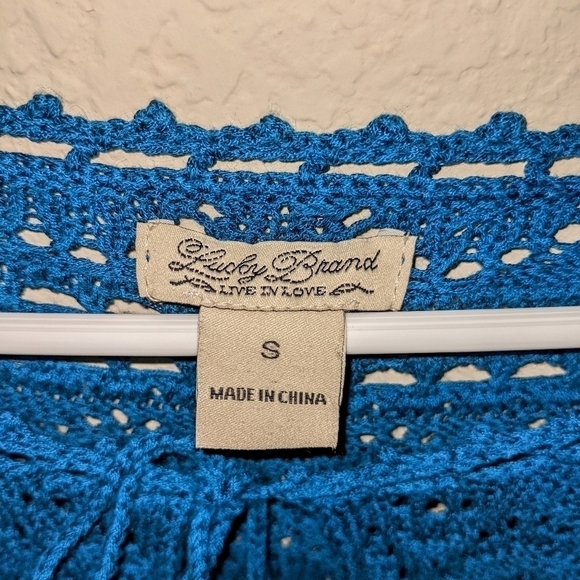 Lucky Brand Blue Crochet Boho 3/4 Sleeve Top with Tassel Tie - Picture 3 of 4